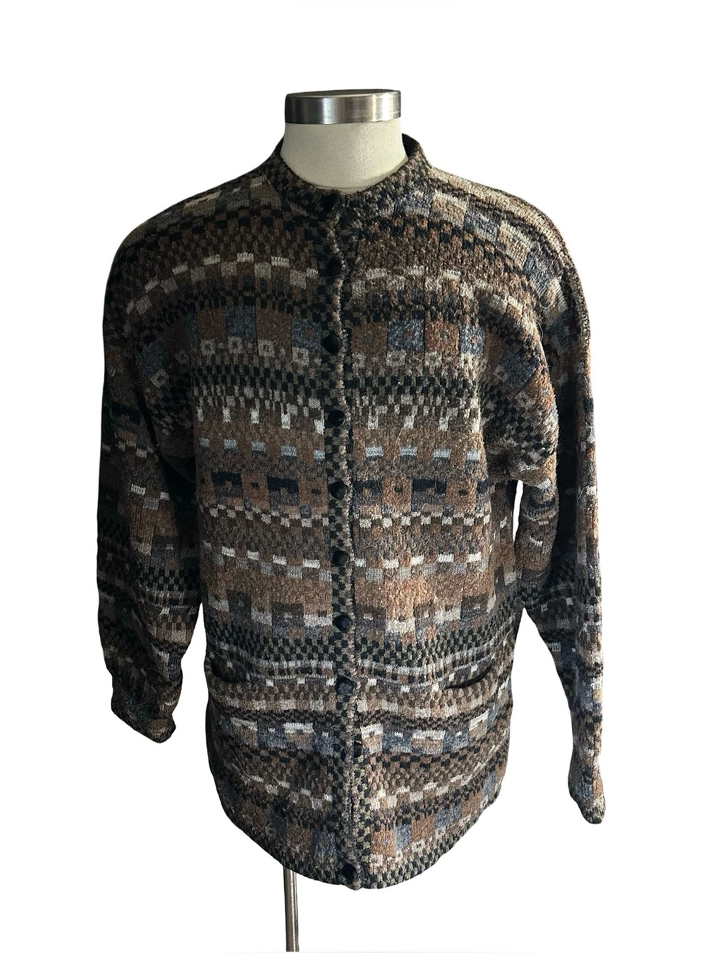 Vtg Maggie White England 100% Wool Fair Isle Geometric Long Cardigan Sweater XL